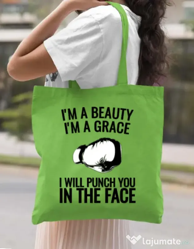 Sacosa din panza I am a grace Verde mar
