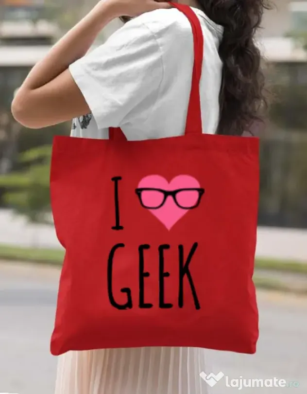 Sacosa din panza I love geek Rosu