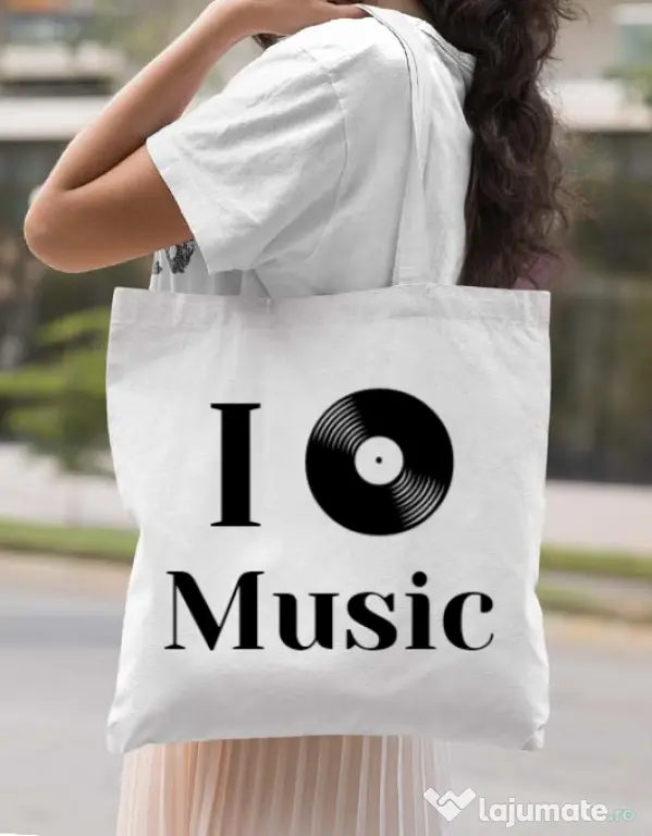 Sacosa din panza I love music Alb