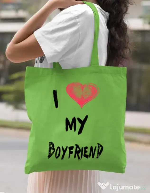 Sacosa din panza I love my boyfriend Verde mar