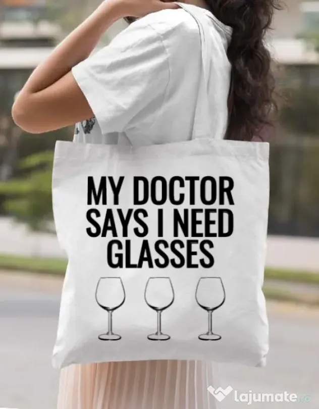 Sacosa din panza I need glasses Alb