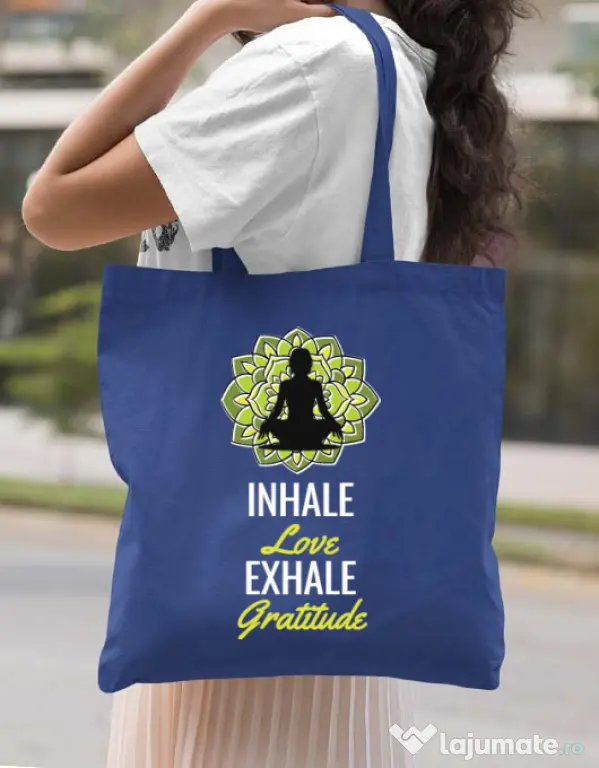 Sacosa din panza Inhale love Albastru regal