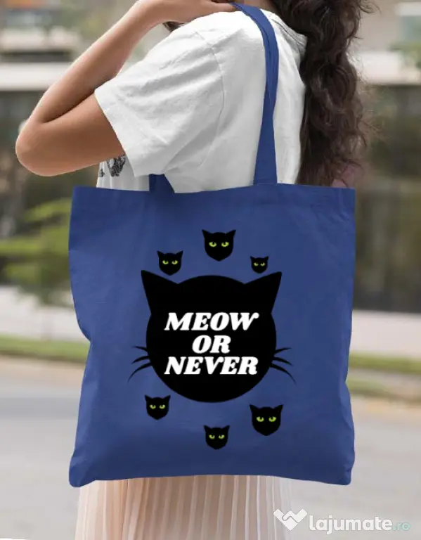 Sacosa din panza Meow or never Albastru regal
