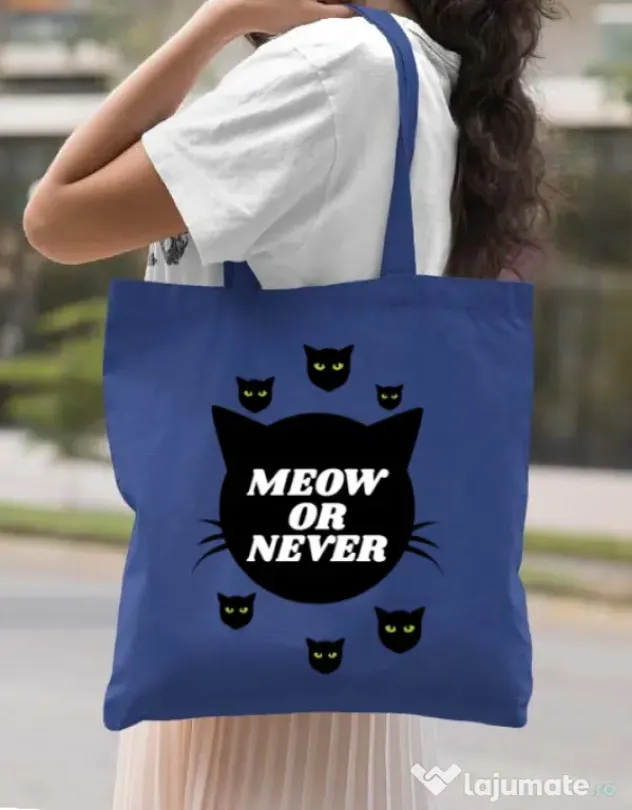Sacosa din panza Meow or never Albastru regal