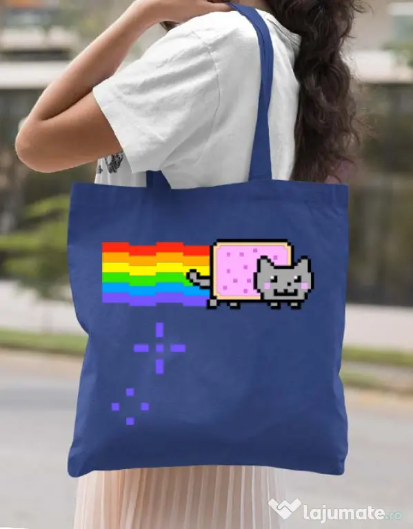 Sacosa din panza Nyan cat Albastru regal