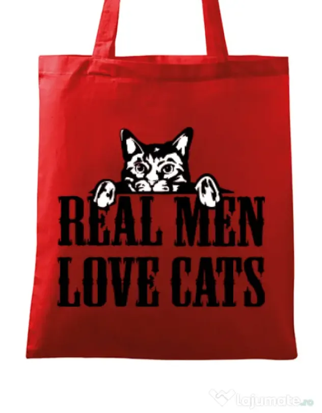 Sacosa din panza Real men love cats Rosu