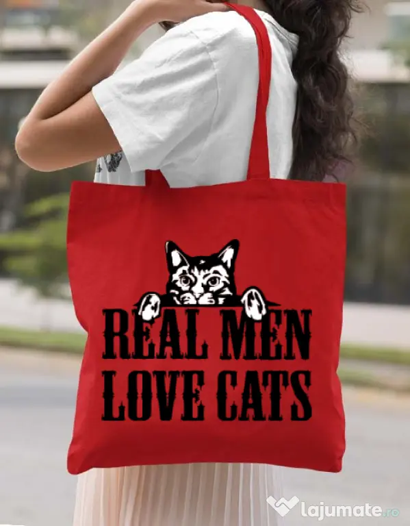 Sacosa din panza Real men love cats Rosu