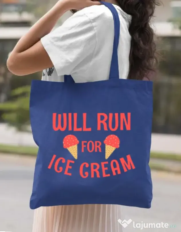 Sacosa din panza Running for ice cream Albastru regal