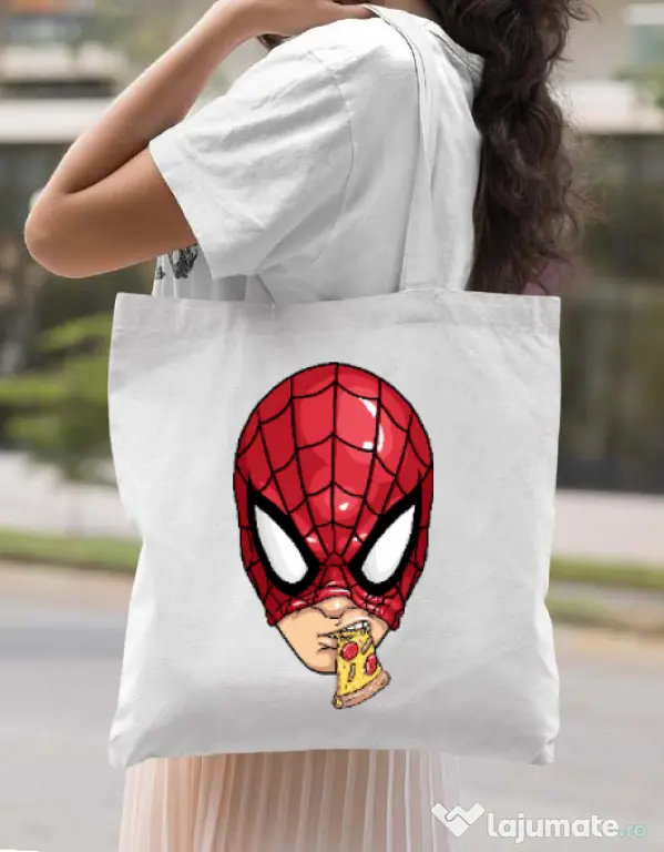Sacosa din panza Spiderman pizza Alb