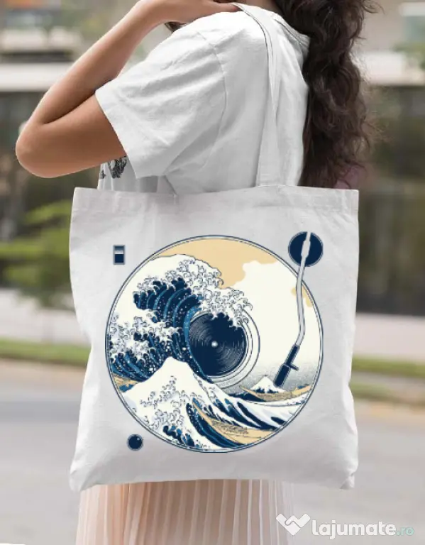 Sacosa din panza The Great Wave off Sound Alb