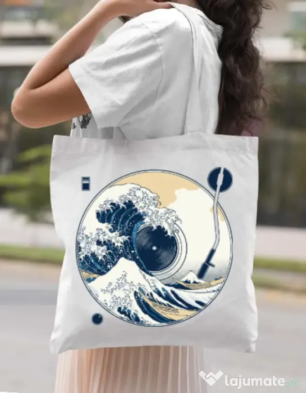 Sacosa din panza The Great Wave off Sound Alb