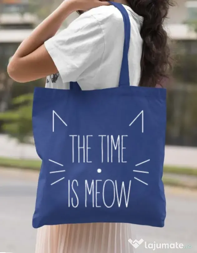 Sacosa din panza The time is meow Albastru regal