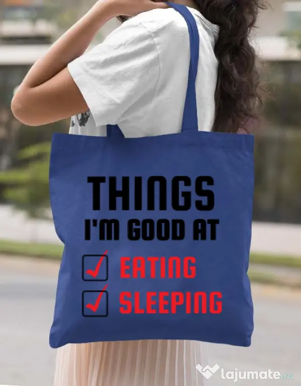 Sacosa din panza Things I am good at Albastru regal