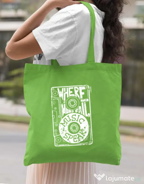 Sacosa din panza Where words fail, music speaks Verde mar