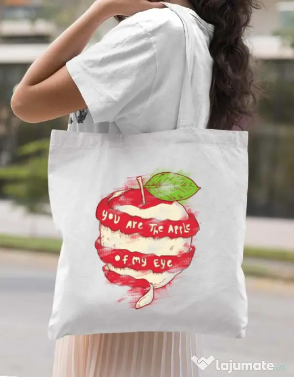 Sacosa din panza You are the apple of my eye Alb