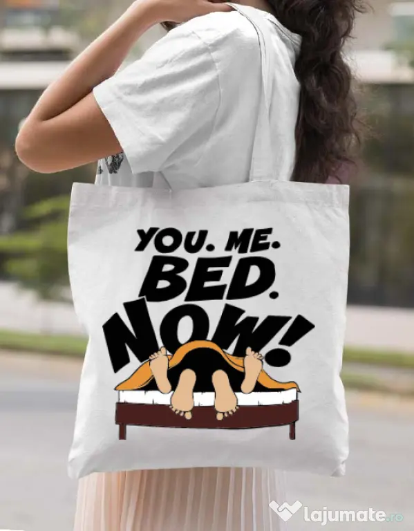 Sacosa din panza You me bed now Alb