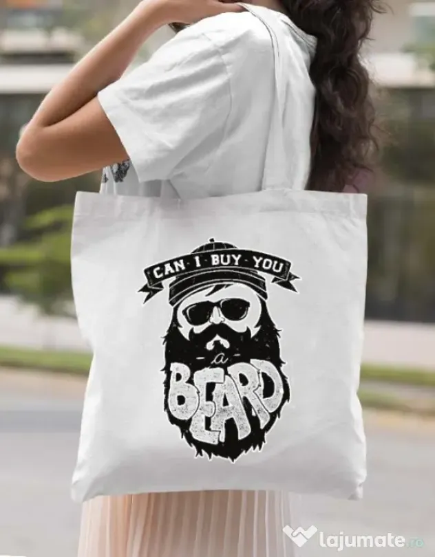 Sacosa din panza Can i buy you a beard Alb