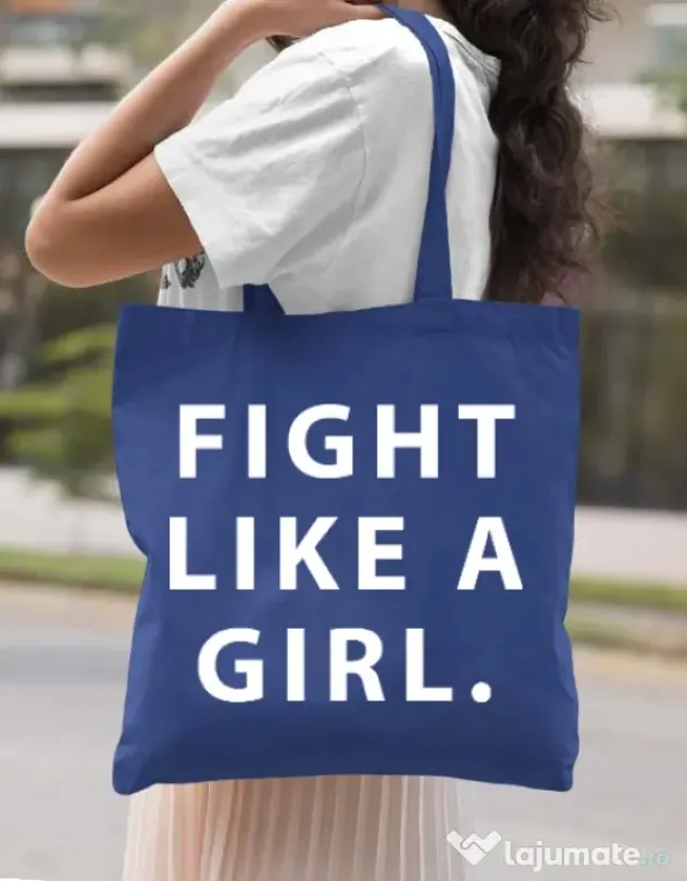 Sacosa din panza Fight like a girl Albastru regal