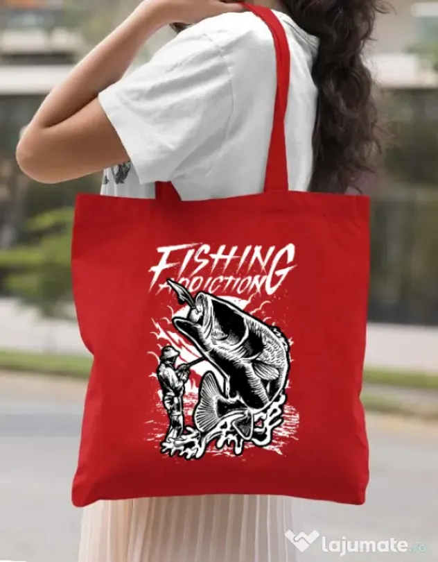 Sacosa din panza Fishing addiction Rosu