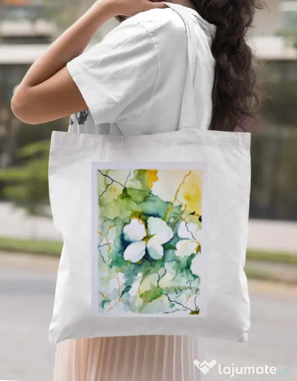 Sacosa din panza Floral Geometric Alb