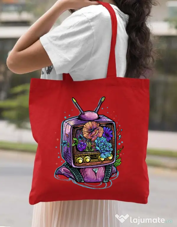 Sacosa din panza Flower television Rosu