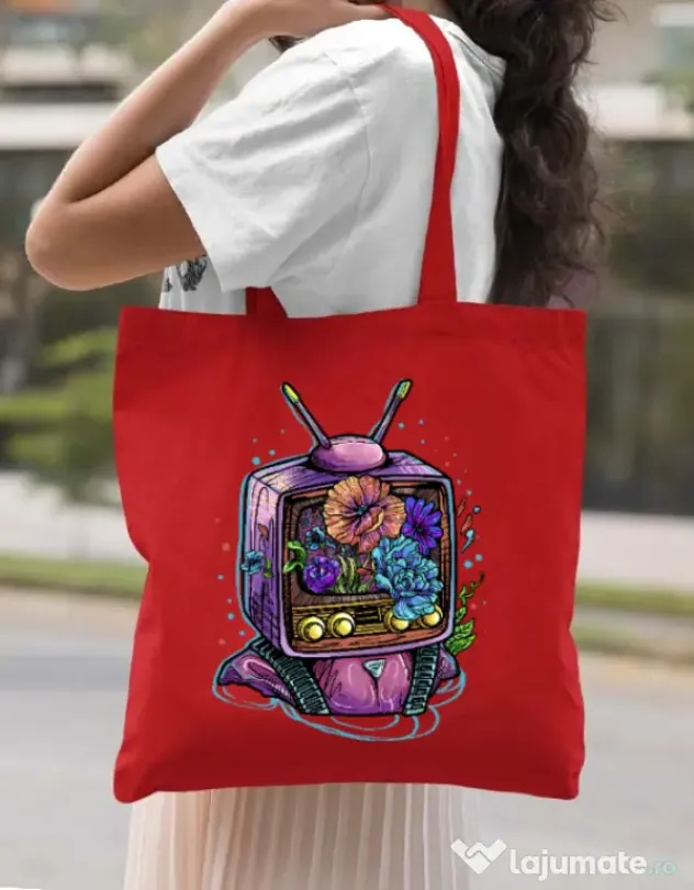 Sacosa din panza Flower television Rosu