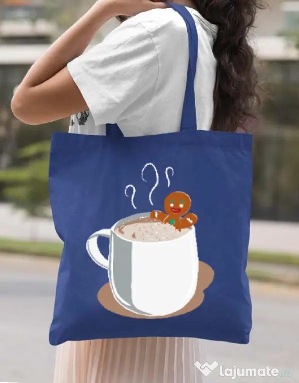 Sacosa din panza Gingerbread man Albastru regal