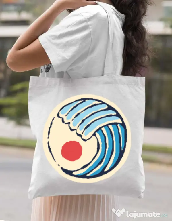 Sacosa din panza Great wave Alb