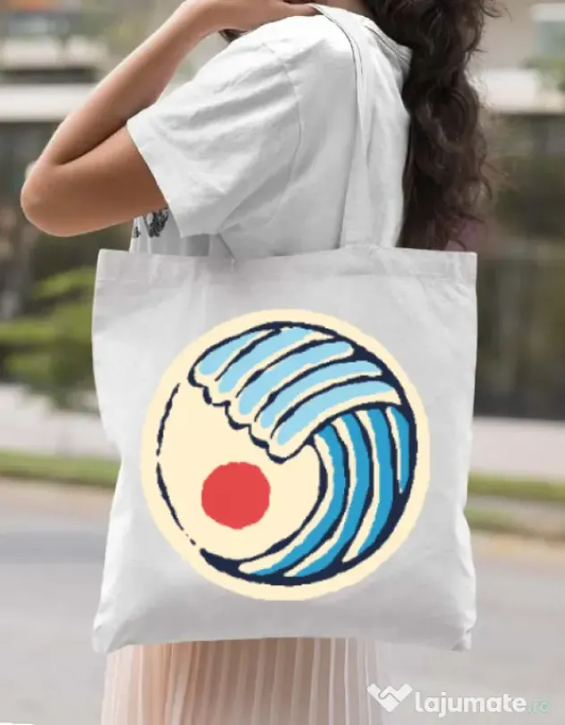 Sacosa din panza Great wave Alb