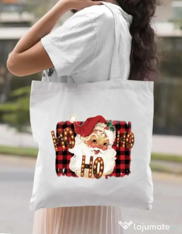 Sacosa din panza Ho Ho Ho! Alb