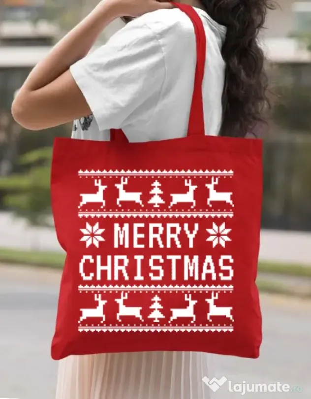 Sacosa din panza Merry Christmas Ugly Sweater Rosu