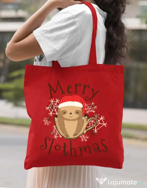 Sacosa din panza Merry slothmas Rosu
