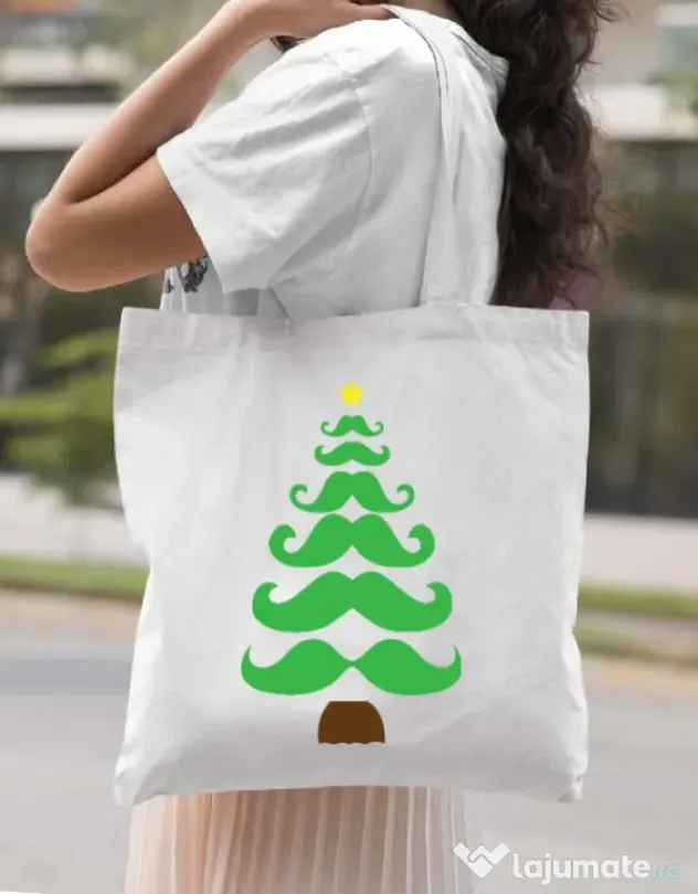 Sacosa din panza Moustache Christmas tree Alb