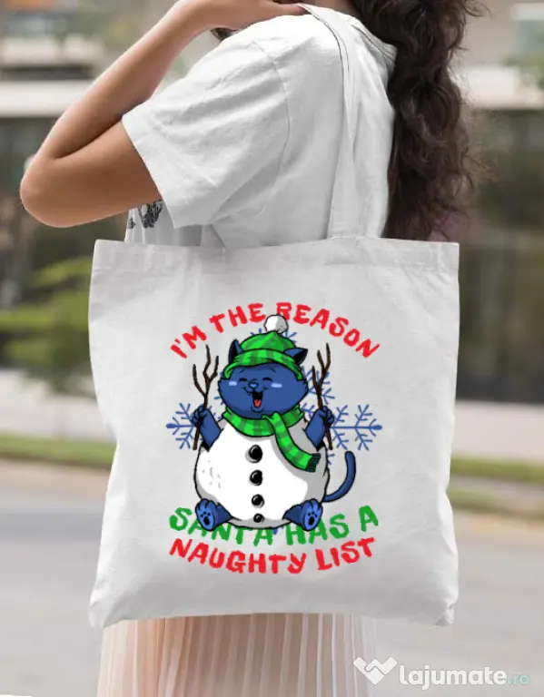 Sacosa din panza Naughty List Alb