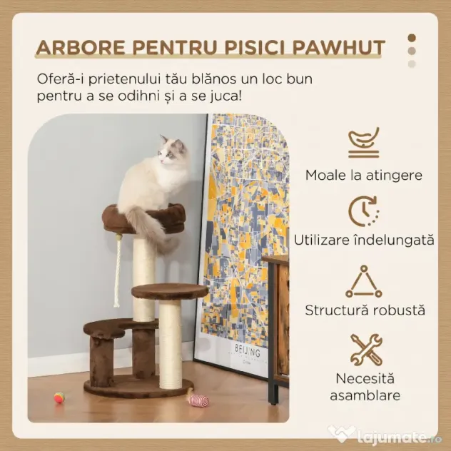 PawHut Zgârietoare pentru Pisici cu 3 Nivele, Culcuș din Pluș și Stâlpi din Sisal, Ø40x65 cm, Maro