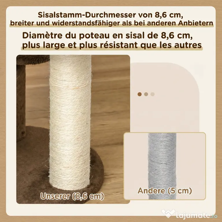 PawHut Zgârietoare pentru Pisici cu 3 Nivele, Culcuș din Pluș și Stâlpi din Sisal, Ø40x65 cm, Maro