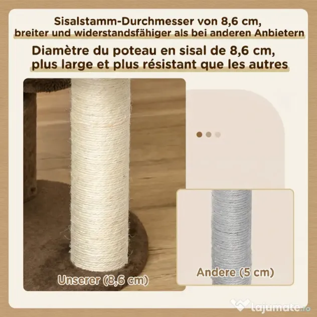 PawHut Zgârietoare pentru Pisici cu 3 Nivele, Culcuș din Pluș și Stâlpi din Sisal, Ø40x65 cm, Maro