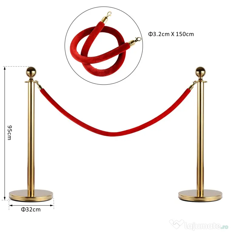Separator de coloane format din 2 stalpi din otel inoxidabil si un cablu de flanela Ф32x95cm auriu, rosu HOMCOM | Aosom Romania