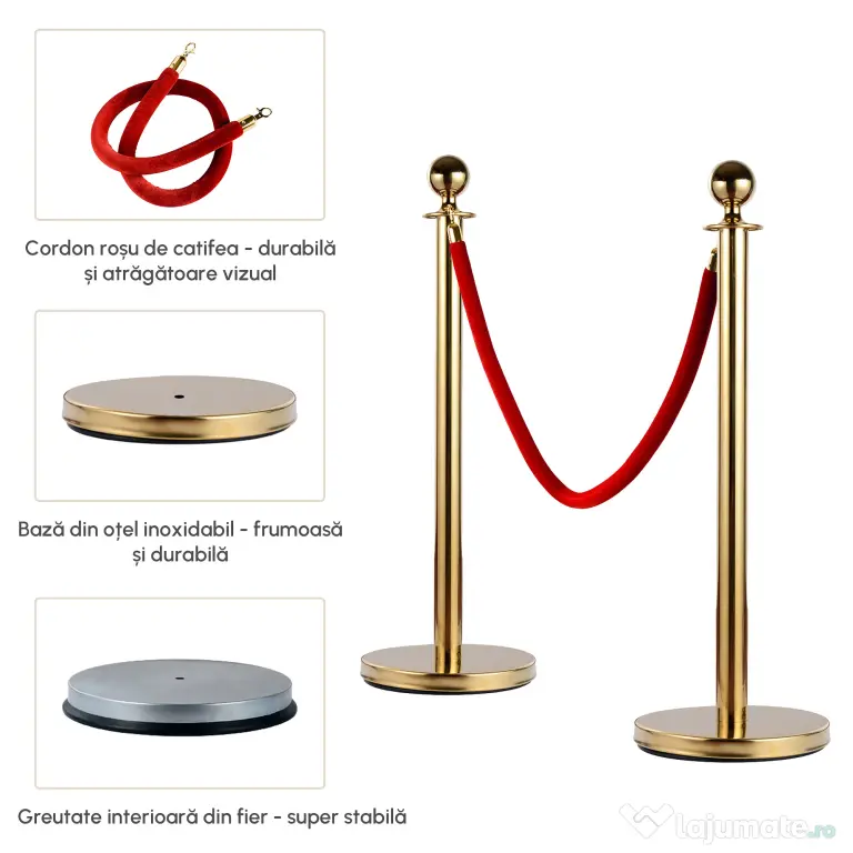 Separator de coloane format din 2 stalpi din otel inoxidabil si un cablu de flanela Ф32x95cm auriu, rosu HOMCOM | Aosom Romania