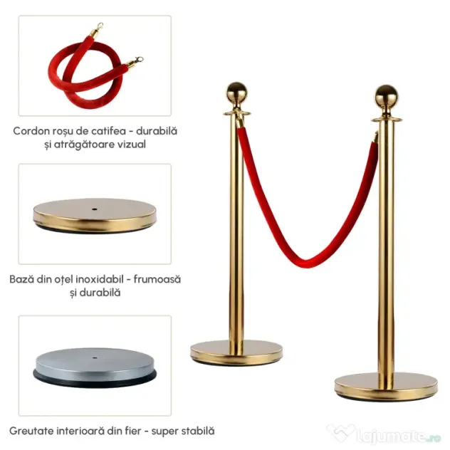 Separator de coloane format din 2 stalpi din otel inoxidabil si un cablu de flanela Ф32x95cm auriu, rosu HOMCOM | Aosom Romania