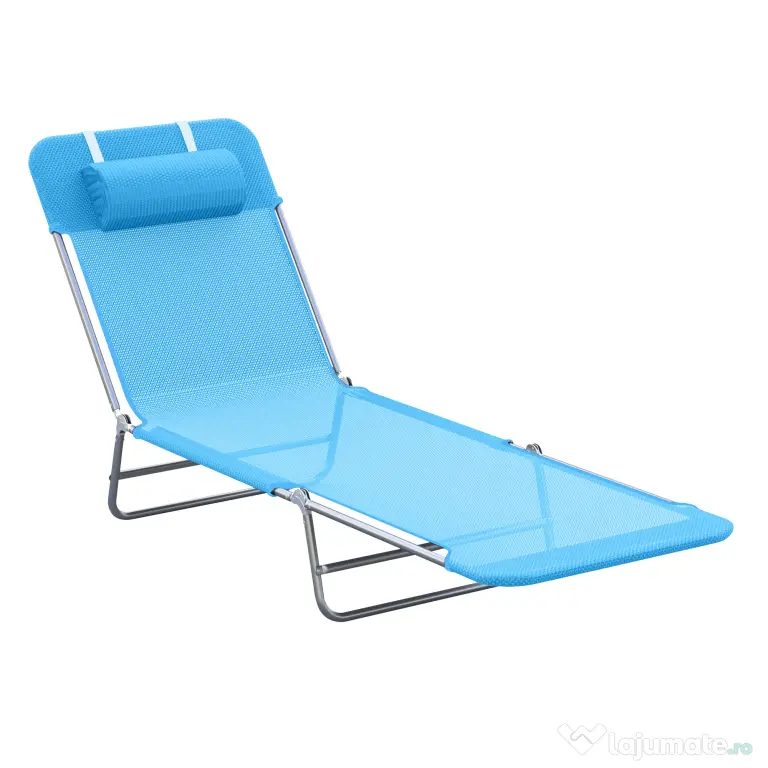 Outsunny sezlong pliabil cu spatar reglabil si perna, sezlong de gradina, plaja si camping, albastru | Aosom Romania
