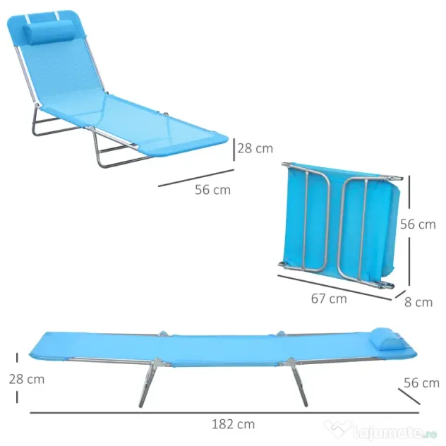 Outsunny sezlong pliabil cu spatar reglabil si perna, sezlong de gradina, plaja si camping, albastru | Aosom Romania