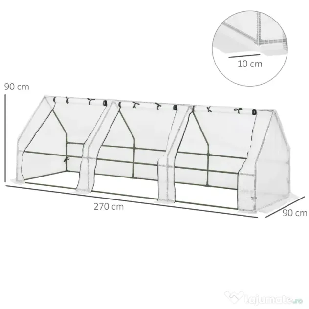 Outsunny Seră de Grădină Tip Tunel din PE pentru Cultivarea Plantelor și Florilor, cu Uși cu Fermoar, 270x90x90 cm, Alb | Aosom Romania