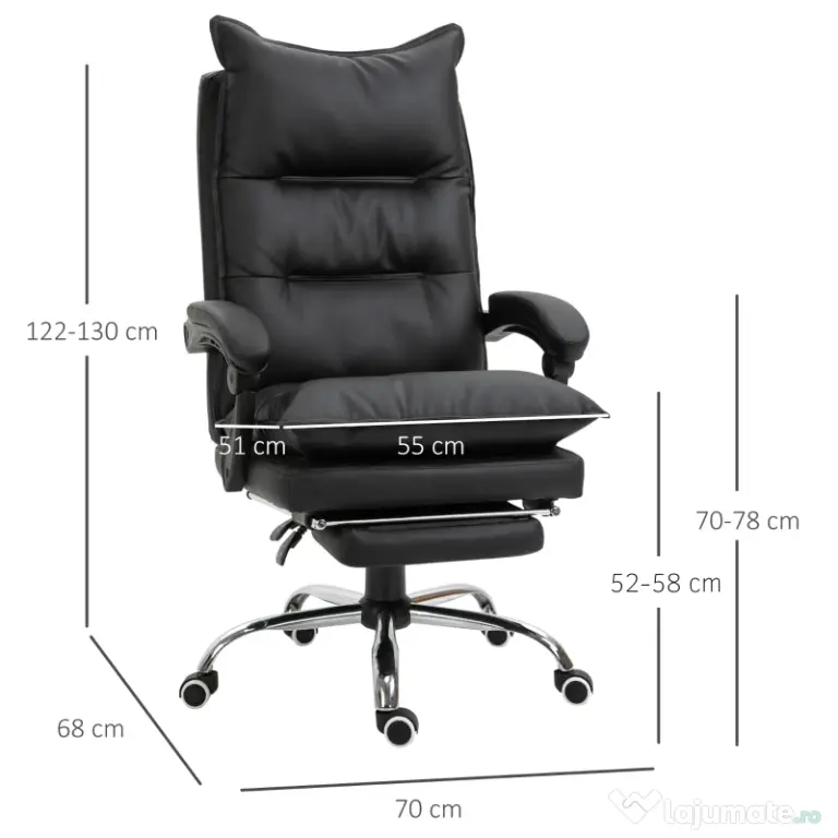 Fotoliu Birou Vinsetto, Piele ecologica Neagra, Spatar Rabatabil la 155°, Suport picioare | Aosom Romania