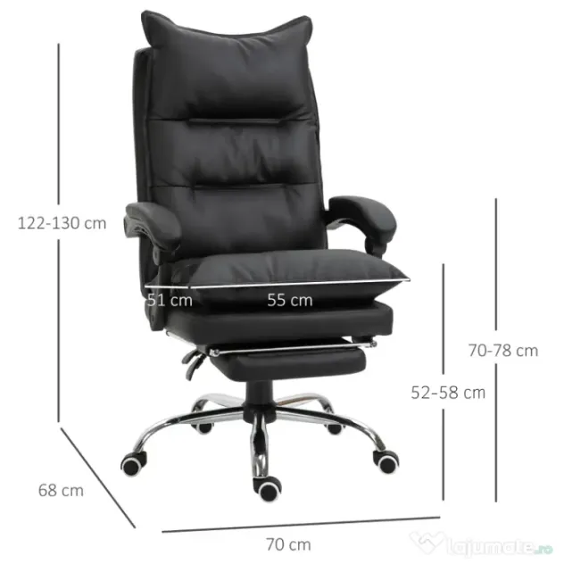 Fotoliu Birou Vinsetto, Piele ecologica Neagra, Spatar Rabatabil la 155°, Suport picioare | Aosom Romania