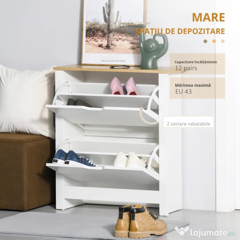 HOMCOM Dulap Hol, Capacitate 12 Perechi Max, dulap pantofi cu 2 Rafturi Reglabile și Detașabile, 72x26x80 cm, Alb | Aosom Romania
