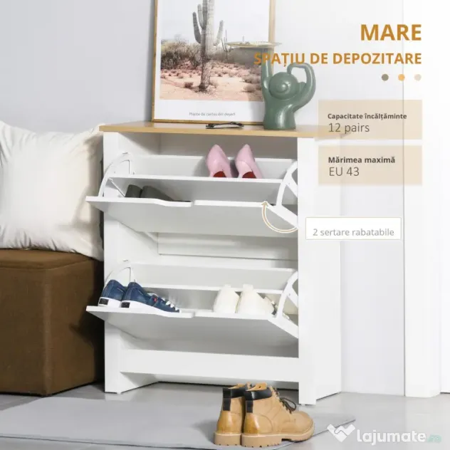 HOMCOM Dulap Hol, Capacitate 12 Perechi Max, dulap pantofi cu 2 Rafturi Reglabile și Detașabile, 72x26x80 cm, Alb | Aosom Romania