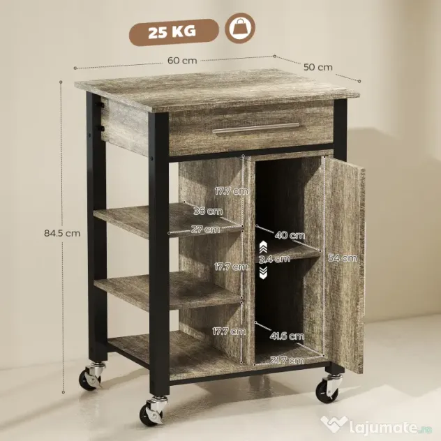 Carucior de bucatarie HOMCOM cu suport de pahare, sertar, rafturi, 4 roti | Aosom RO