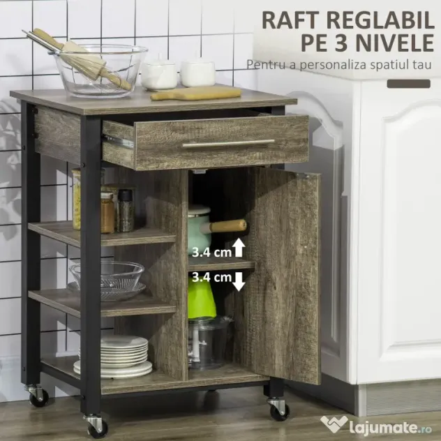 Carucior de bucatarie HOMCOM cu suport de pahare, sertar, rafturi, 4 roti | Aosom RO