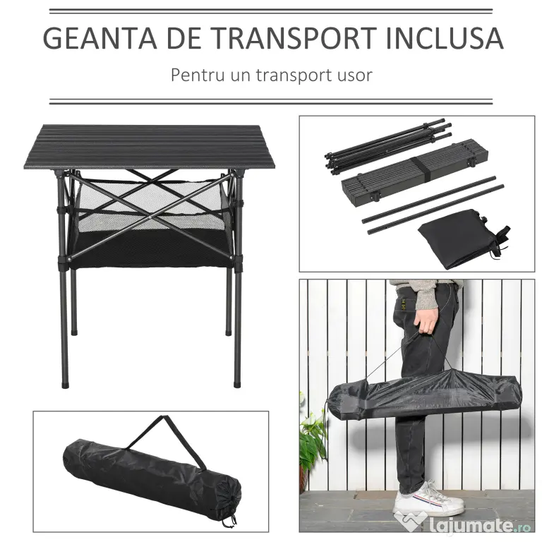 Outsunny Masă de Camping Pliabilă, Ușor de Transportat, Include Geantă de Călătorie, 70x70x69cm, Negru | Aosom Romania